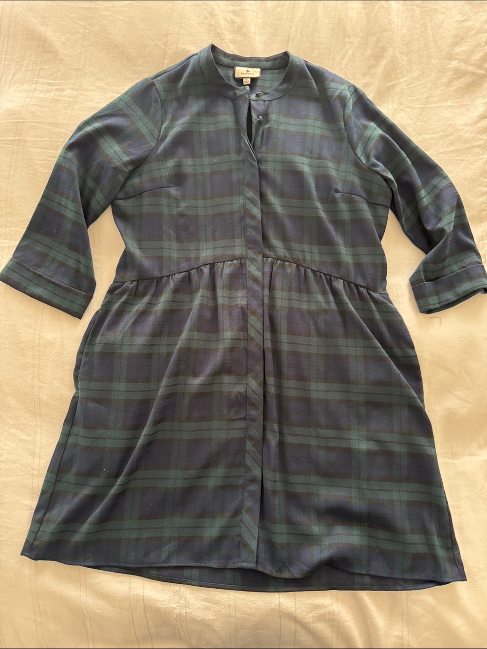 TuckerNuck Plaid Button-Front Dress in Navy and Green